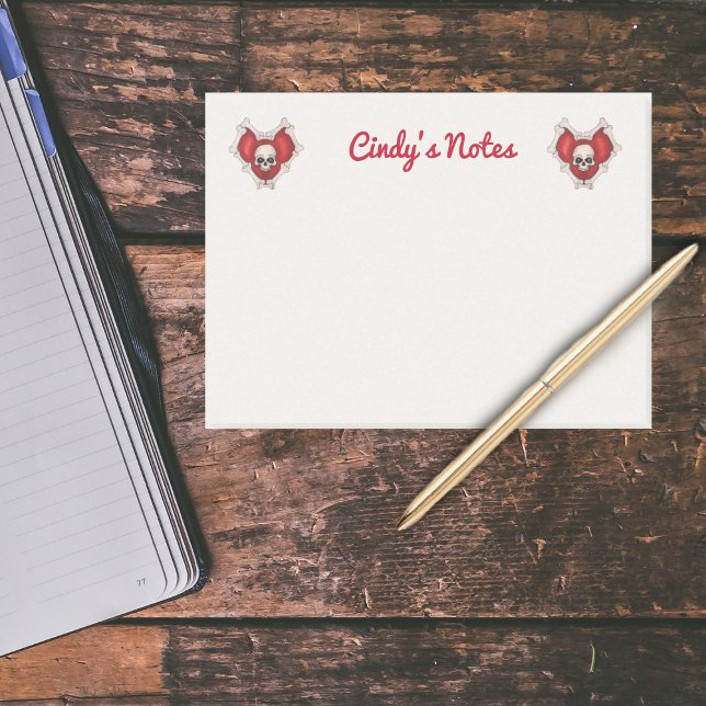 Two Spooky Red Hearts with White Bones and Skulls Post-it Notes (Gothic red hearts bordered with bones with skull in center on white post it notes.)