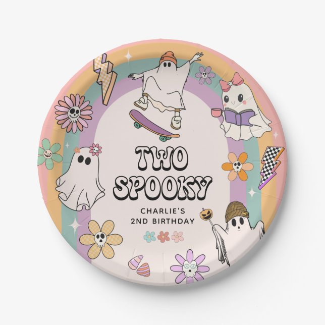 Two Spooky Retro Fun Halloween 2nd Birthday Party  Paper Plates (Front)