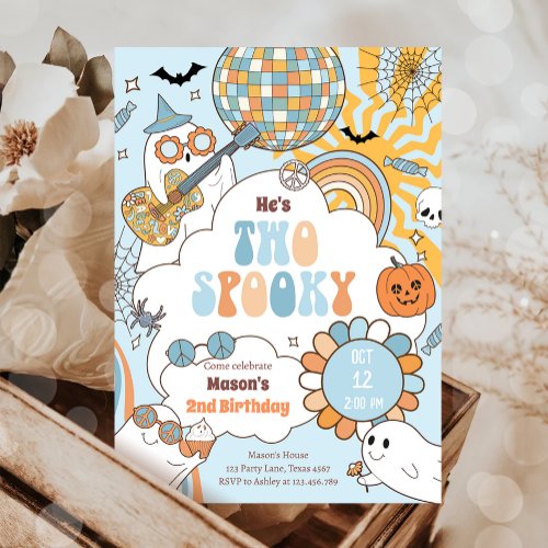 Two Spooky Retro Halloween Boy Second Birthday Invitation