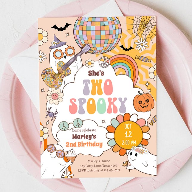 Two Spooky Retro Halloween Girl Second Birthday Invitation (Creator Uploaded)