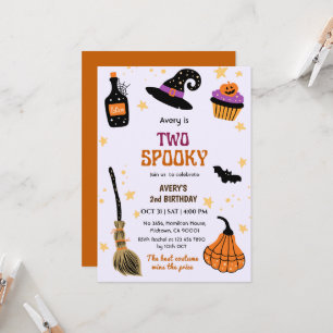 Two Spooky Witch hat broom Halloween 2nd Birthday Invitation