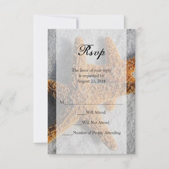 Two Starfish in Sand, Beach Wedding Sm RSVP Reply (Front)