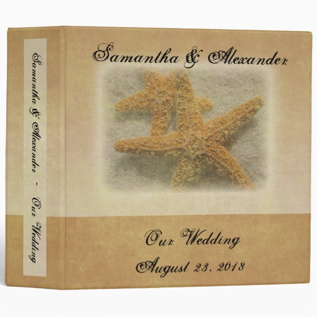 Two Starfish in the Sand, Beach Wedding 3 Ring Binder (Front/Spine)