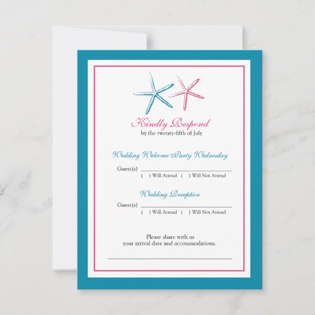 Two Starfish Peacock and Pink RSVP Card (Front)
