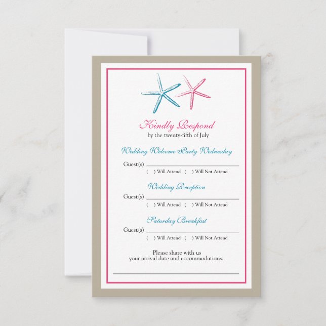 Two Starfish Peacock and Pink RSVP Card (Front)