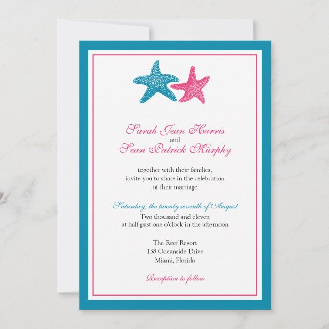 Two Starfish Peacock and Pink Wedding Invitation (Front)
