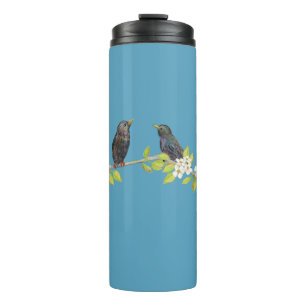 Two Starlings on a Blossoming Branch in Spring Thermal Tumbler