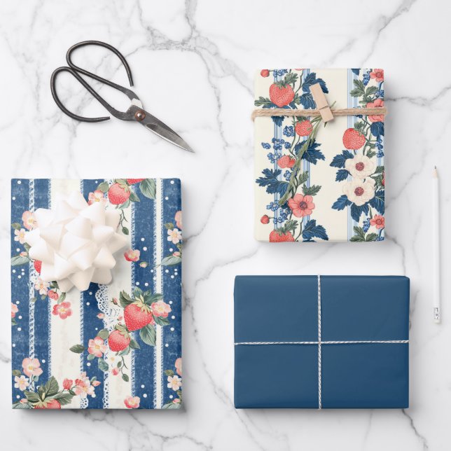 Two Strawberry and One Solid Color Wrapping Paper Sheets (Front)