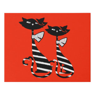 Two Striped Black & White Silhouette Cats  Faux Ca Canvas Print