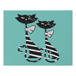 Two Striped Black & White Silhouette Cats Faux Ca Canvas Print