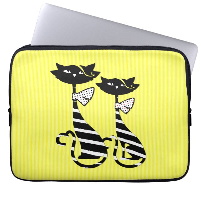 Two Striped Black & White Silhouette Cats   Laptop Sleeve (Front)
