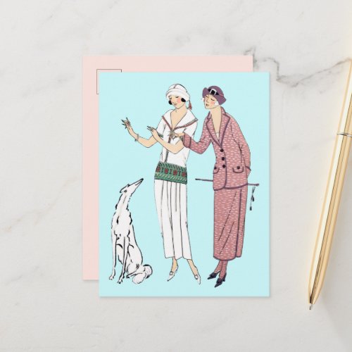 Two Stylish 1920s Women and a Dog Postcard