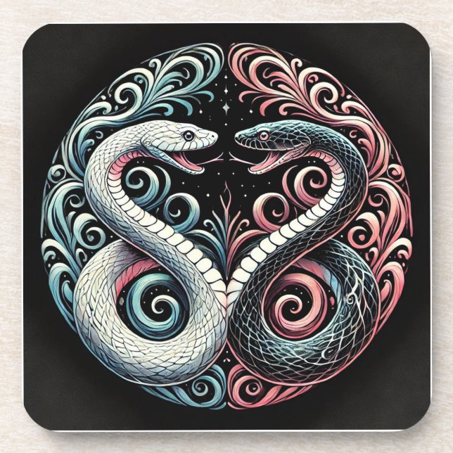 Two stylized snakes beverage coaster (Front)