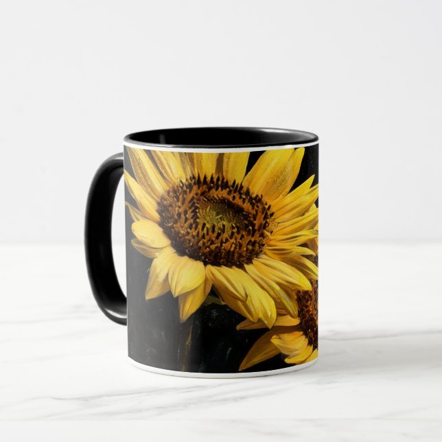 Two Sunflowers Artsy Style on Black Mug Cup (Front Left)