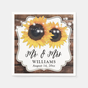 Two Sunflowers String Lights Barn Wood Wedding Napkins