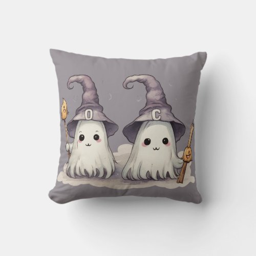 Two Super Cute Ghosts Witches Hats Gray Halloween Throw Pillow