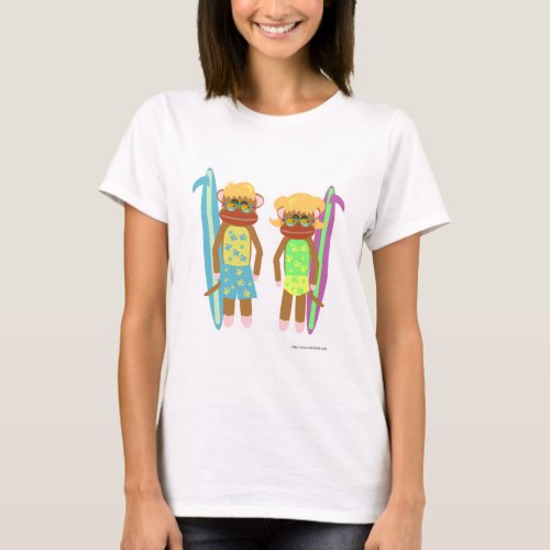 Two Surfer Monkeys Cute Cartoon Illustration T_Shirt