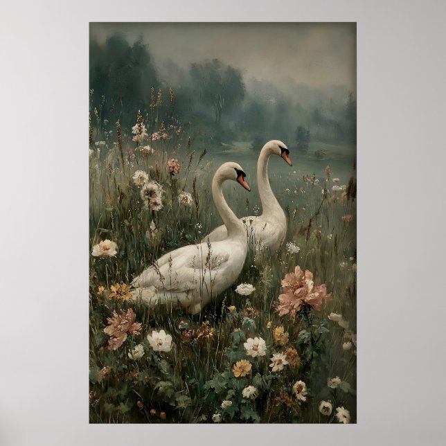 Two Swans Antique Printable Art, Swan Flower Poster (Front)