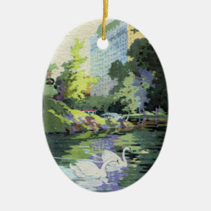 Two Swans in Central Park Lake Ceramic Ornament