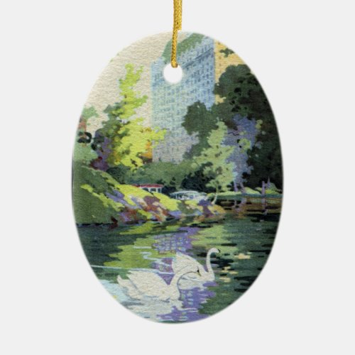 Two Swans in Central Park Lake Ceramic Ornament