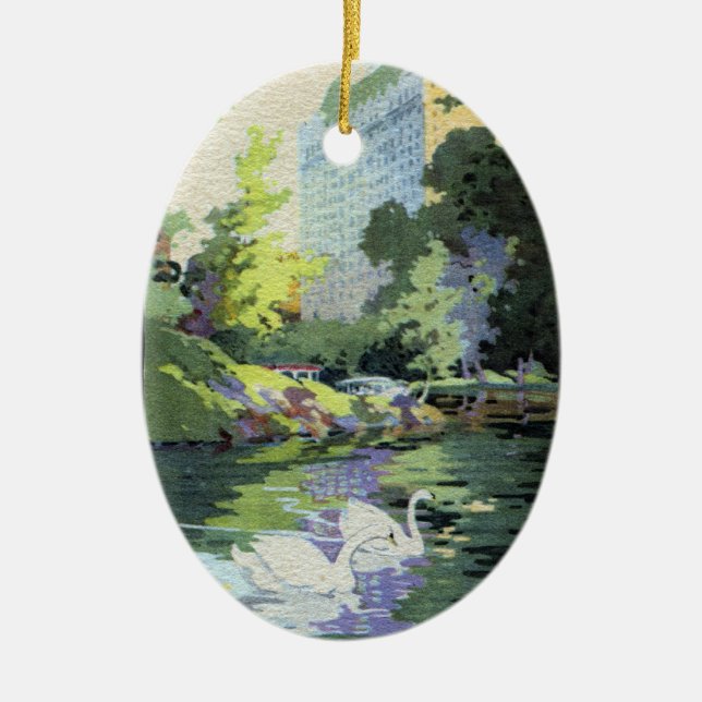 Two Swans in Central Park Lake Ceramic Ornament (Front)