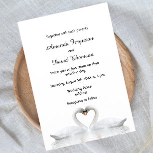 Two swans in love white wedding invitation card