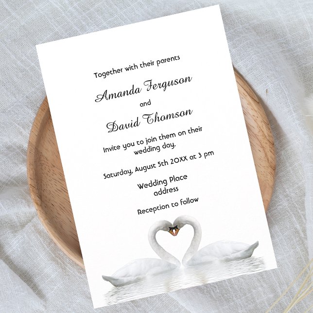 Two swans in love white wedding invitation card (Creator Uploaded)
