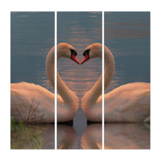 Two swans making a heart with their necks, triptyc triptych