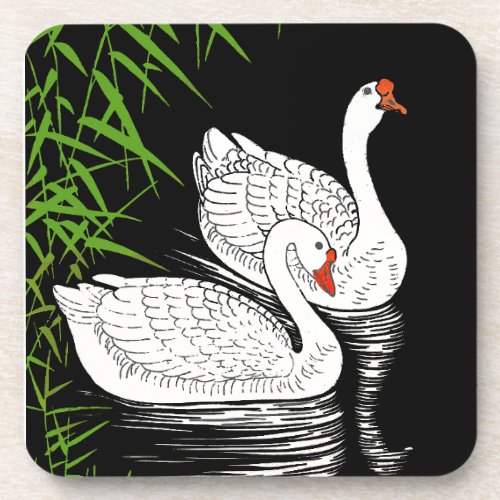 Two Swans on a Pool _ White on a Black Background  Beverage Coaster