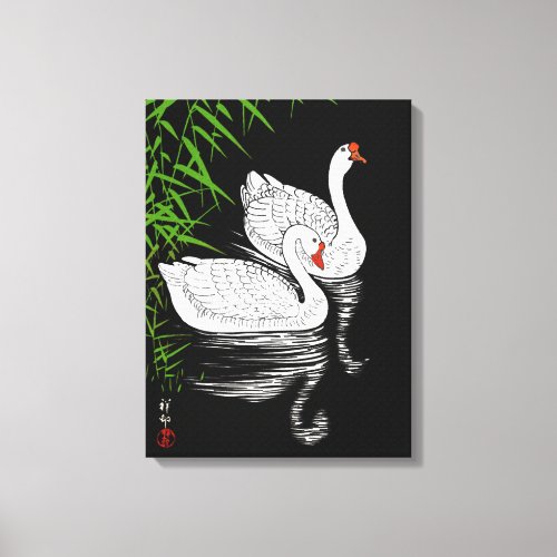 Two Swans on a Pool _ White on a Black Background  Canvas Print