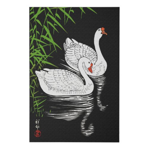 Two Swans on a Pool _ White on a Black Background  Faux Canvas Print