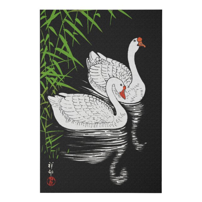 Two Swans on a Pool - White on a Black Background  Faux Canvas Print (Front)