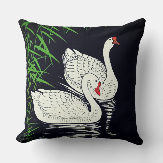 Two Swans on a Pool - White on a Black Background  Throw Pillow (Front)
