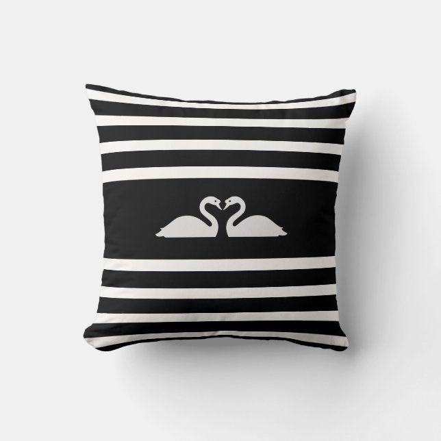 Two Swans on Black & White Striped Throw Pillow (Front)