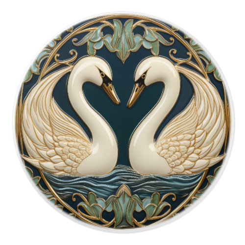 Two Swans On Lake Art Nouveau Inspired Home Decor Ceramic Knob