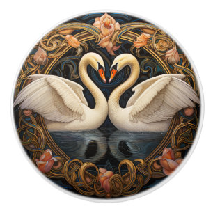 Two Swans On Lake Art Nouveau Inspired Home Decor Ceramic Knob