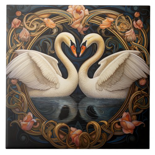 Two Swans On Lake Art Nouveau Inspired Home Decor Ceramic Tile