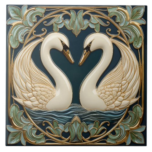 Two Swans On Lake Art Nouveau Inspired Home Decor Ceramic Tile