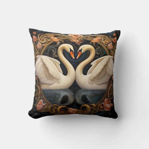 Two Swans On Lake Art Nouveau Inspired Home Decor Throw Pillow