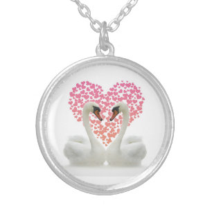 Two Swans Pink Heart Silver Plated Necklace