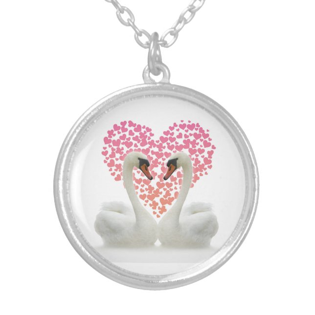 Two Swans Pink Heart Silver Plated Necklace (Front)