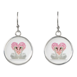 Two Swans Pink Heart Valentine Earrings