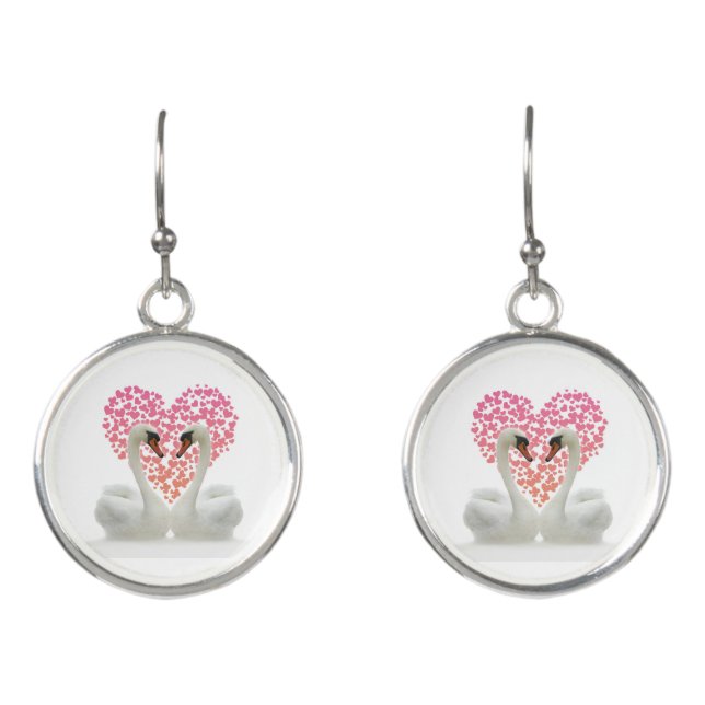 Two Swans Pink Heart Valentine Earrings (Front)
