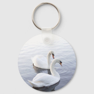 Two Swans Swimming on Tranquil Lake Keychain