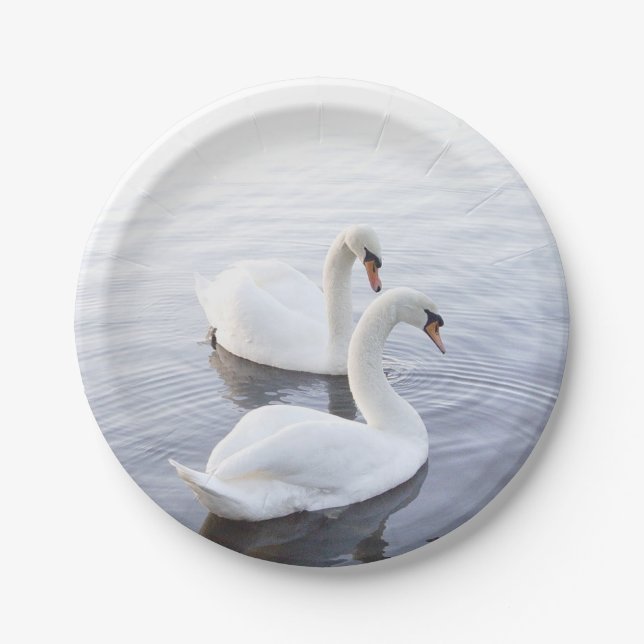 Two Swans Swimming on Tranquil Lake Paper Plates (Front)