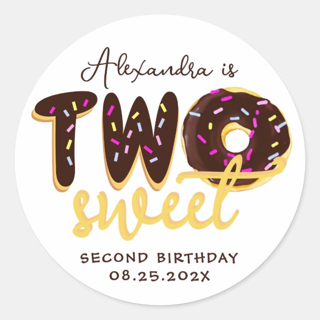 Two Sweet 2nd Birthday Donut Chocolate Script     Classic Round Sticker (Front)