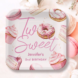 TWO Sweet 2nd Birthday Girls Pink Donut Paper Plates
