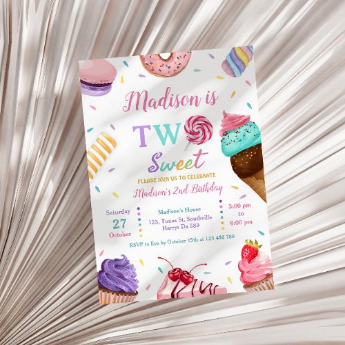 Two Sweet 2nd Birthday Ice cream Donuts Party Invitation
