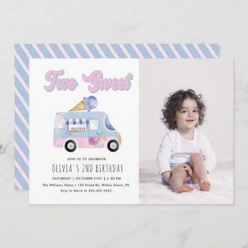 Two Sweet 2nd Birthday ice Cream Truck Invitation