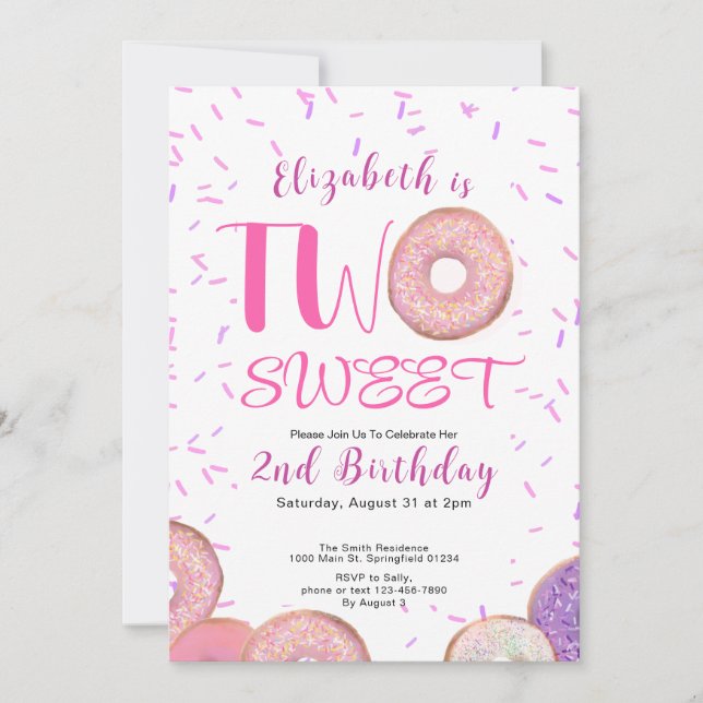 Two Sweet 2nd Birthday Pink Donut Invitation (Front)